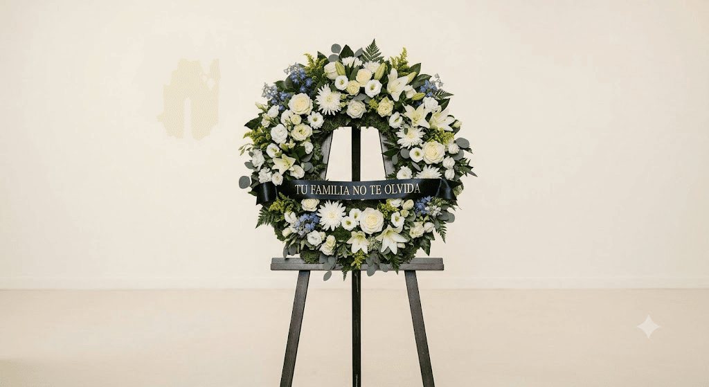 Corona funeraria de flores blancas sobre caballete, con lazo de dedicatoria