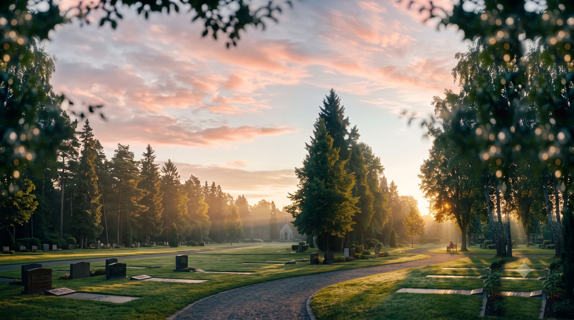 Amanecer sobre un cementerio ajardinado, con árboles altos y un camino entre el césped